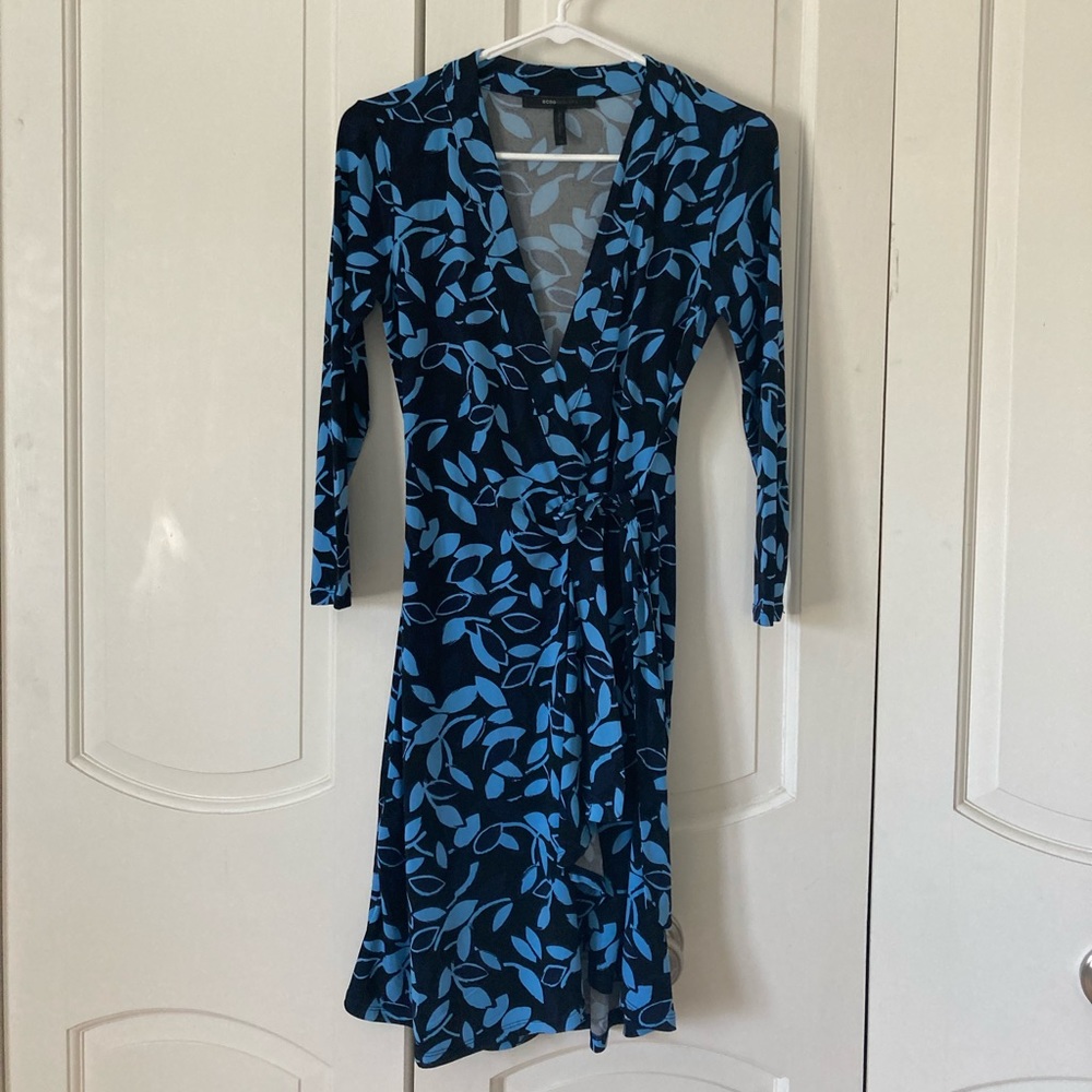BCBG floral blue and black wrap dress